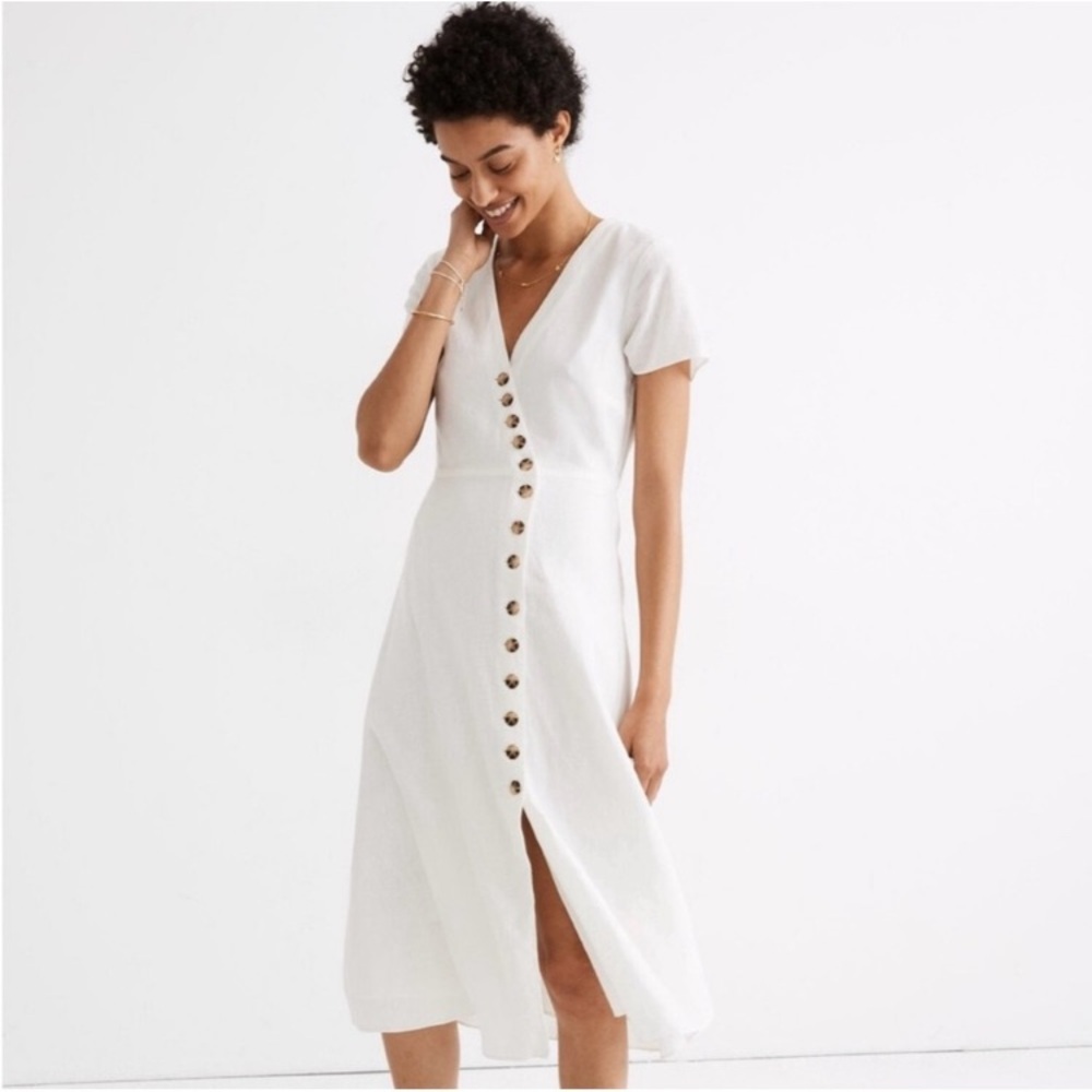 Madewell Linen-Blend Button-Wrap Midi Dress